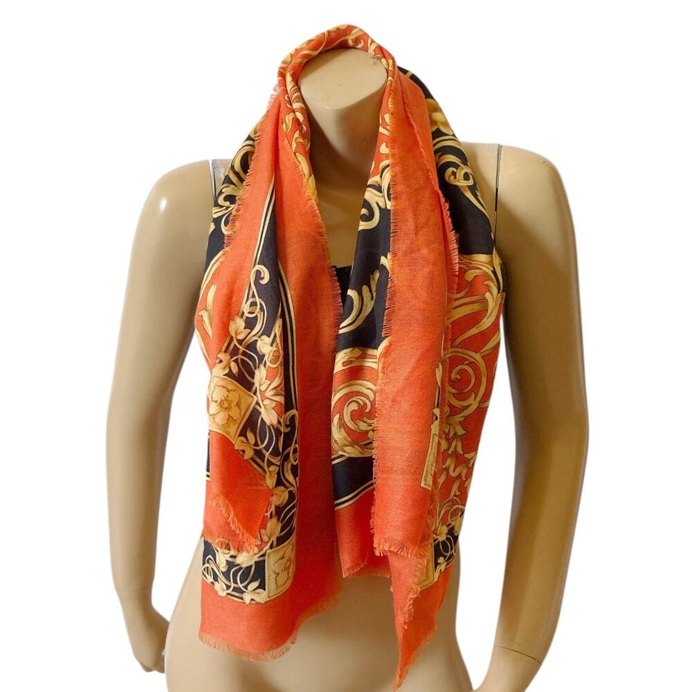 Art of the Scarf Square Scarf Orange Black Gold Baroque Silk Fringe Italy